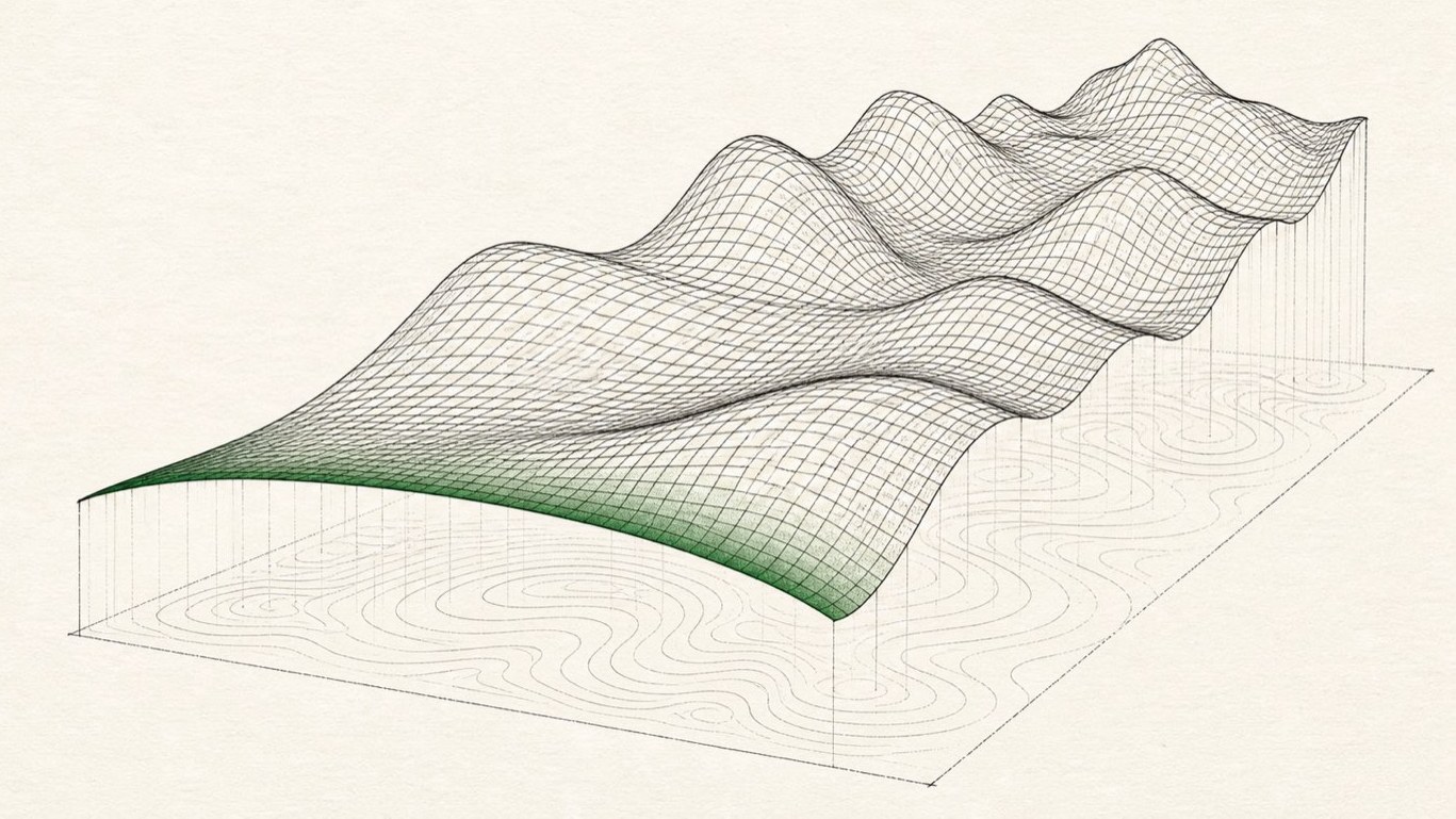 Wireframe yield curve surface drawn in ink on paper