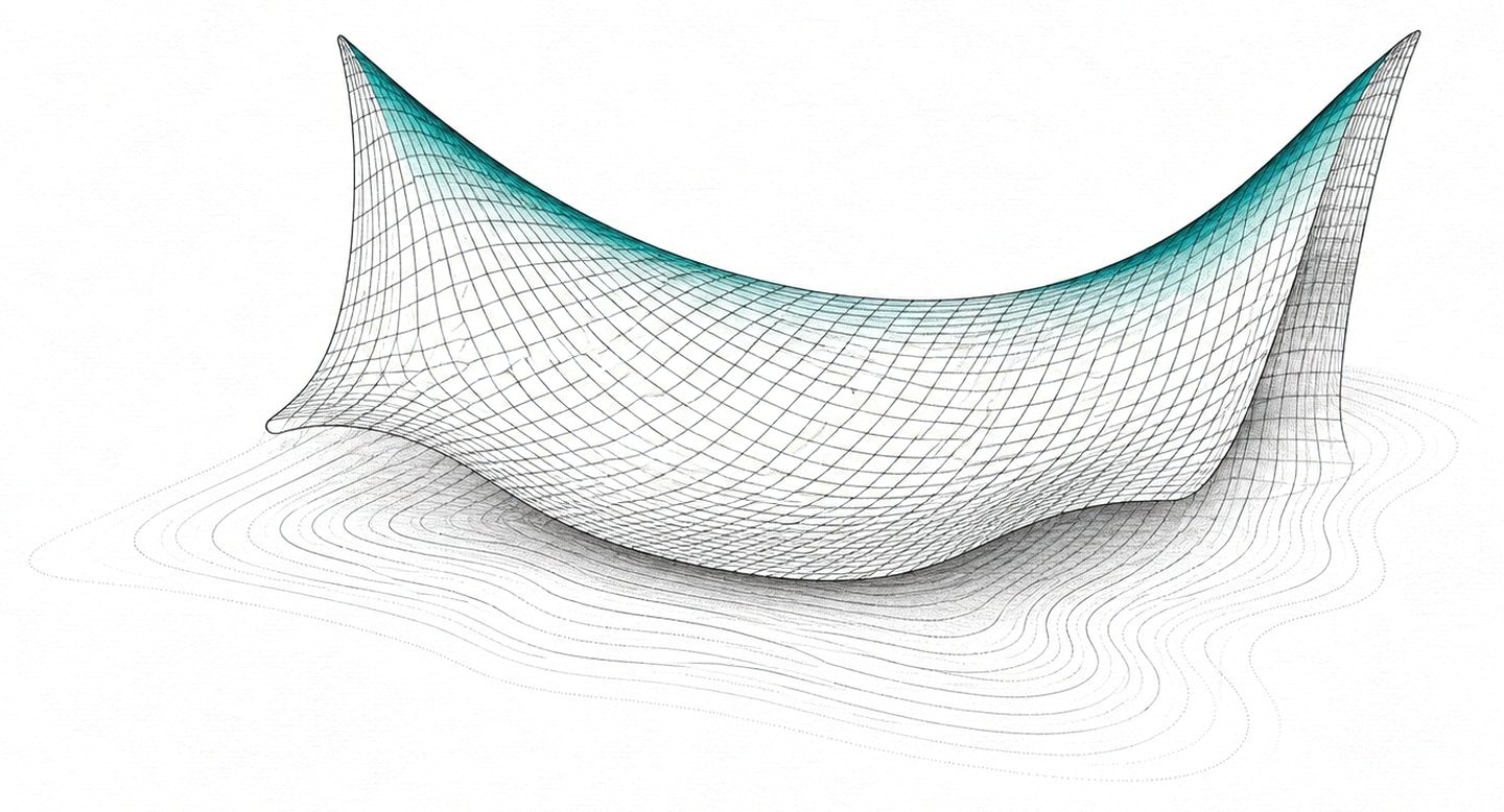 Wireframe implied volatility surface drawn in ink on paper